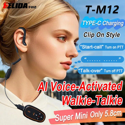 1PC Super Mini Walkie Talkies with Headset AI Voice Control Upgraded Versio Hands-Free  Charging 16Channels for Restaurant Hotel