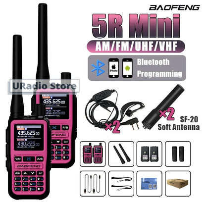 Baofeng UV-5R Mini Walkie Talkie BF-5R Mini Ham Two Way Radio Pink Dual Display USB-C 999 Channel AM For Camping Hiking Hunting