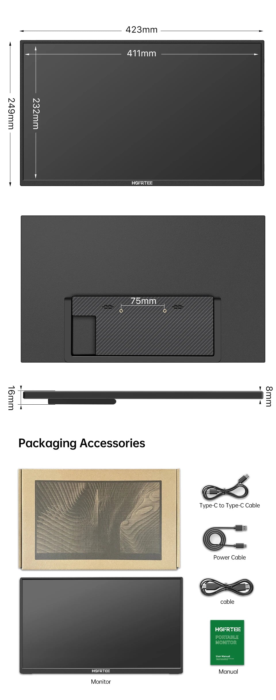 HGFRTEE Portable Monitor 18.5 Inch Computer Gaming Display 100Hz 100% sRGB FHD 1080P Screen for Laptop Holiday Gift PC PS4/PS5