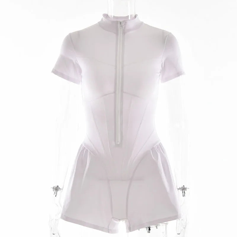 2026 New Women's Jumpsuit Solid Color Zip-Up O-Neck Short Sleeve Sports Bodysuits Women Summer Sexy Slim One-Piece Playsuits