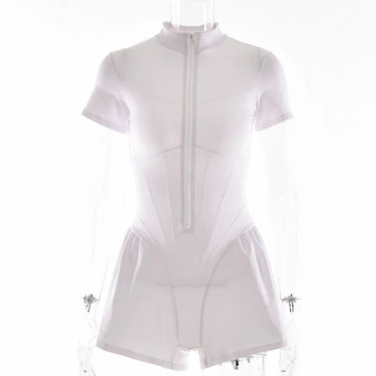 2026 New Women's Jumpsuit Solid Color Zip-Up O-Neck Short Sleeve Sports Bodysuits Women Summer Sexy Slim One-Piece Playsuits