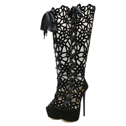 16CM Ultra Thin High Heels Sexy Nightclub Hollow Out Over The Knee Boots Women Peep Toe Lace-Up Zip Platform Shoes Sandals
