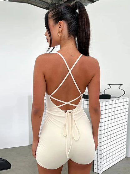 Sibybo Basics Solid Color Tight Playsuit Women Summer Sleeveless Hollow Out Backless Slim Romper Streetwear Sexy Shorts Jumpsuit