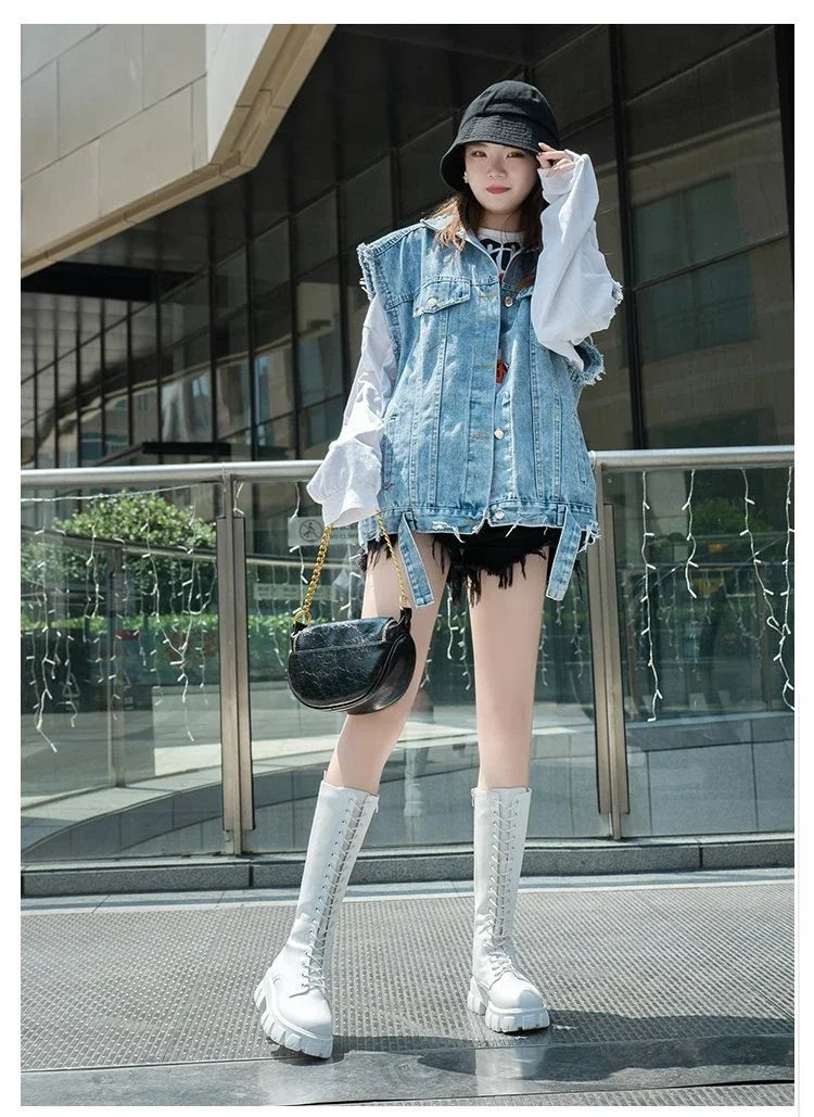 Women's Mid Calf Boots Padded Shoes Knee High Winter Sneakers Punk Style Military Casual White Black 2024 Lucury Platform Woman