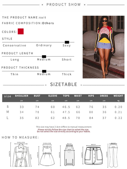 Nibber Art 2-Piece Set Women Colorful Half Turtleneck Full Sleeve Crop Top+Thread Print Simple Skirt Slim Party Fashion Suit