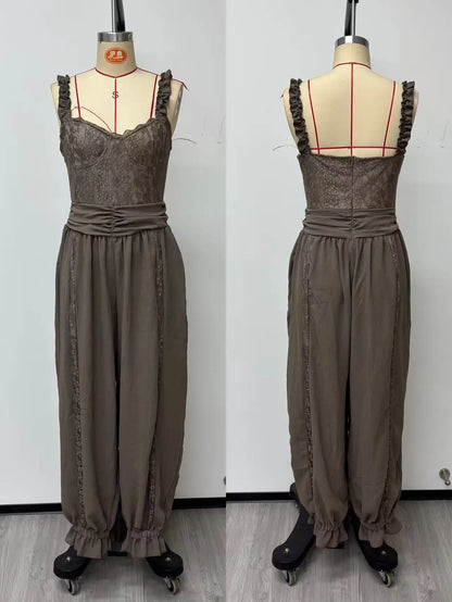 Solid Women Lace Jumpsuits For Spring Summer Sleeveless Slash Neck Loose Fashion Streetwear Overalls Pants Trousers 2026