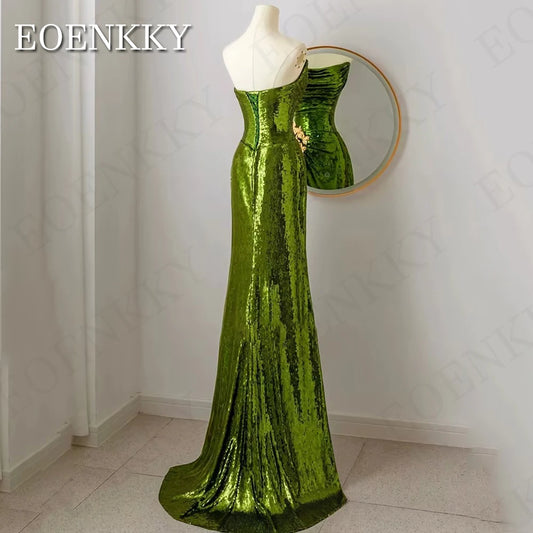 EOENKKY Glitter Mermaid Sequin Evening Dress Green Sexy Strapless Slit Special Occasion Dresses Women Customized платье вечернее