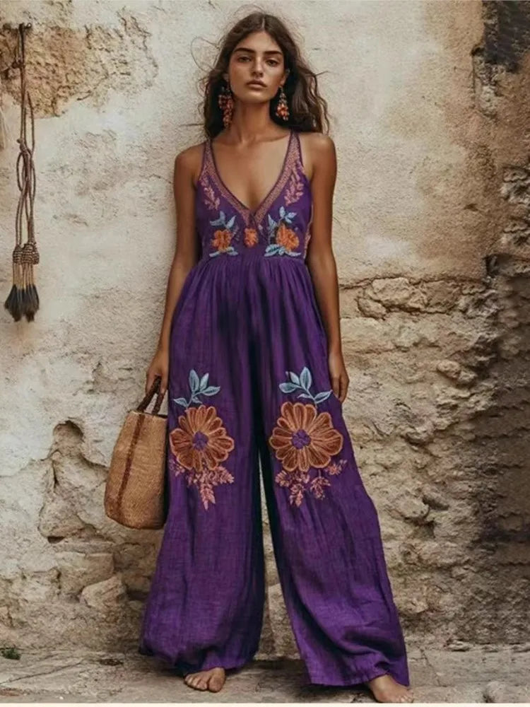 New Vintage Printed Floral Linen Suspender Wide-leg Jumpsuits Women 2025 Fashion V Neck Wide Leg Pants Outfits Female Streetwear
