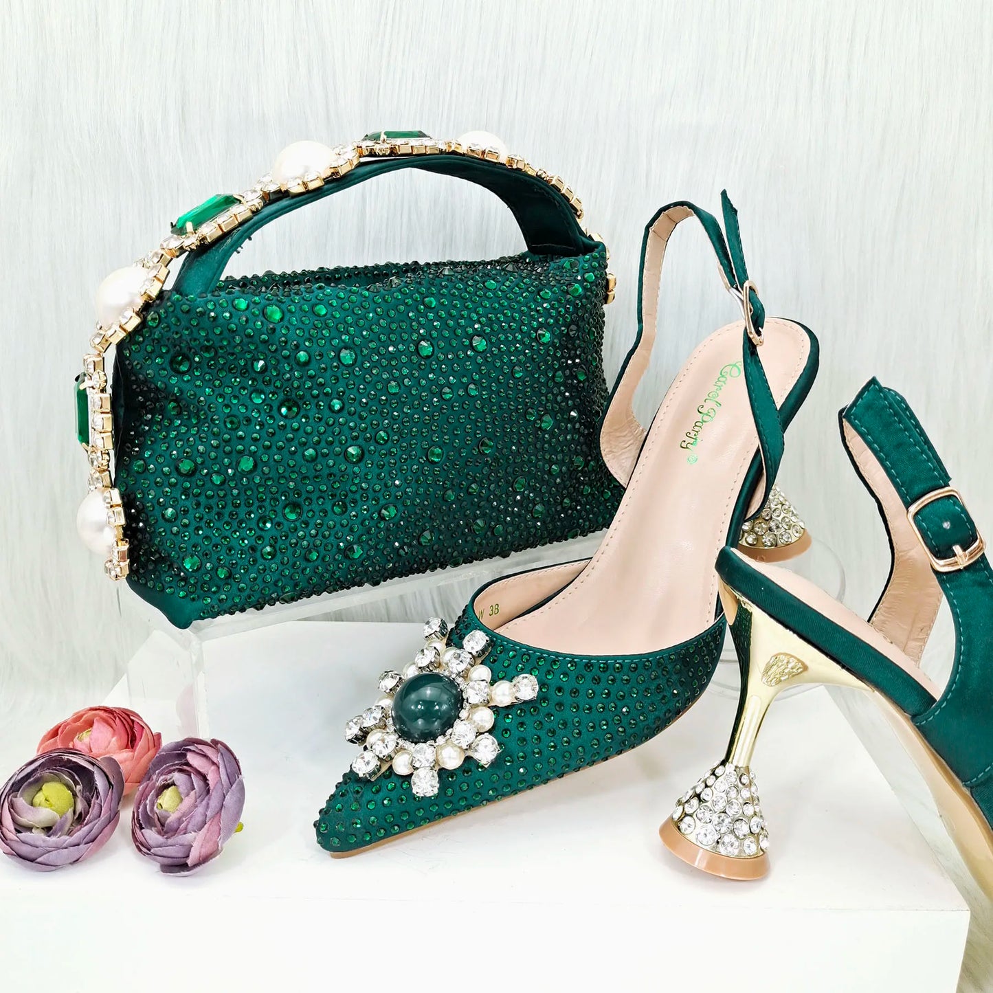 QSGFC 2023 New Fashion Purple Sandals Sequins Rhinestone Point Toe High Heels Slingback Women's Dress Women's Shoes & Bag Set