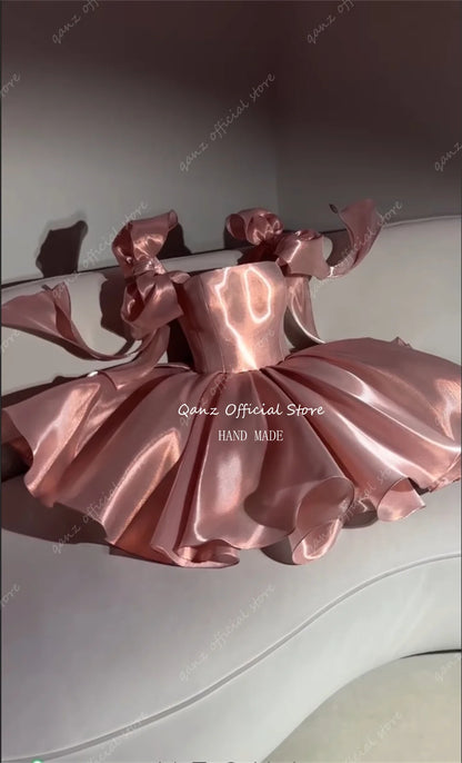 Qanz Pink Satin Prom Dresses Strapless Bow Satraps Short Birthday Dress Woman Sexy Lace Up Back платье на выпускной Customized