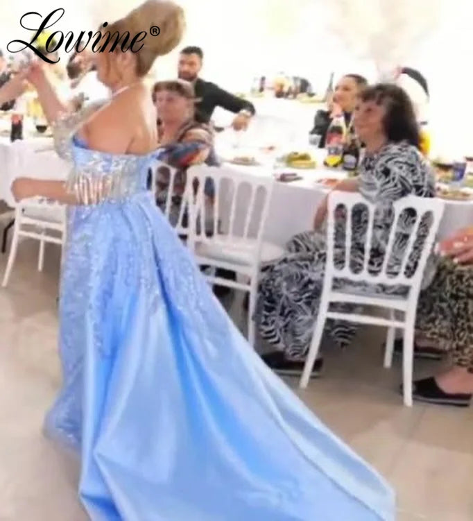 Two Pieces Blue Tassels Beading Crystals Long Overskirt Prom Dresses Arabic Women's Formal Off Shoulder Evening Gown Customized