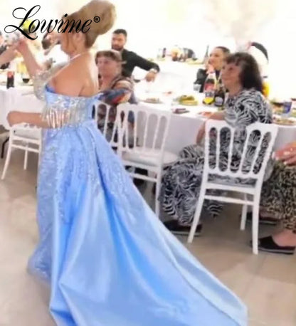 Two Pieces Blue Tassels Beading Crystals Long Overskirt Prom Dresses Arabic Women's Formal Off Shoulder Evening Gown Customized