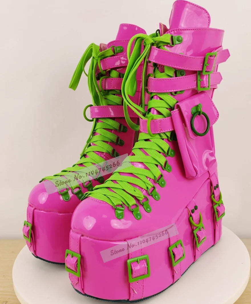 Fuchsia Patent Leather Wedged Lace-Up Ankle Boots Green Buckle Straps Metal Decor Booties Hgih Platform Pocket Nightclub Shoes