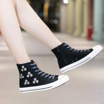 Breathable Hollow Canvas Short Boots Summer Women Black Casual Shoes Punk Rivet Flat Bottomed Shoes 2CM Woman High top Sneakers