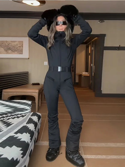 Chic Hooded One Piece Women's Winter Ski Suits Belt Stand Collar High Waist Pockets Overall Jumpsuits 2026 New Lady Warm Skiwear