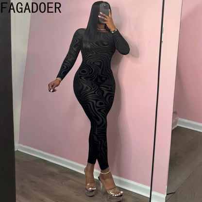 FAGADOER Spring New Sexy Jumpsuit Women Black Printing Mesh Backless Bodycon Rompers Fashion Female Streetwear Overalls 2025