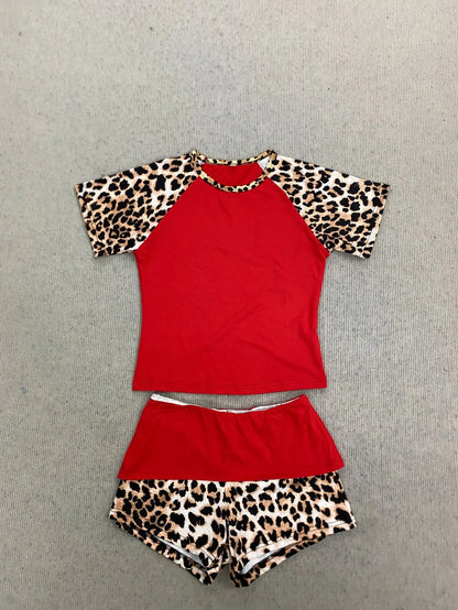 2026 summer new American retro leopard print patchwork short sleeved shorts set Y2K punk street fashion trend casual spicy girl