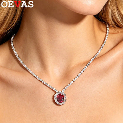 OEVAS 2CT 7X9MM Oval Lab Grown Emerald/Ruby/Moissanite Pendant Necklace For Women S925 Silver Plated 18K Luxury Dainty Jewelry