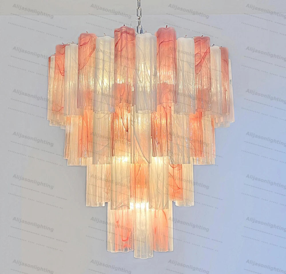 Elevate Your Living Room With Our Textured Pink White Glass 2026 Chandelier High-end Pendant Light Gold Chrome Dimming Function