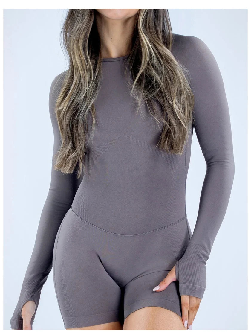 Seamless Long Sleeve One Piece Gym Clothes Women Padded Yoga Bodysuit Open Back Fitness Workout Jumpsuit Scrunch Butt Sportswear