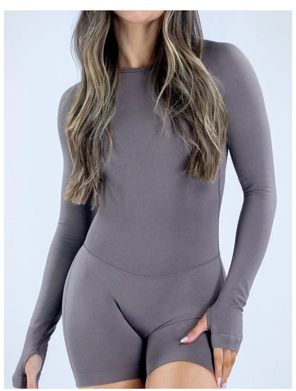 Seamless Long Sleeve One Piece Gym Clothes Women Padded Yoga Bodysuit Open Back Fitness Workout Jumpsuit Scrunch Butt Sportswear