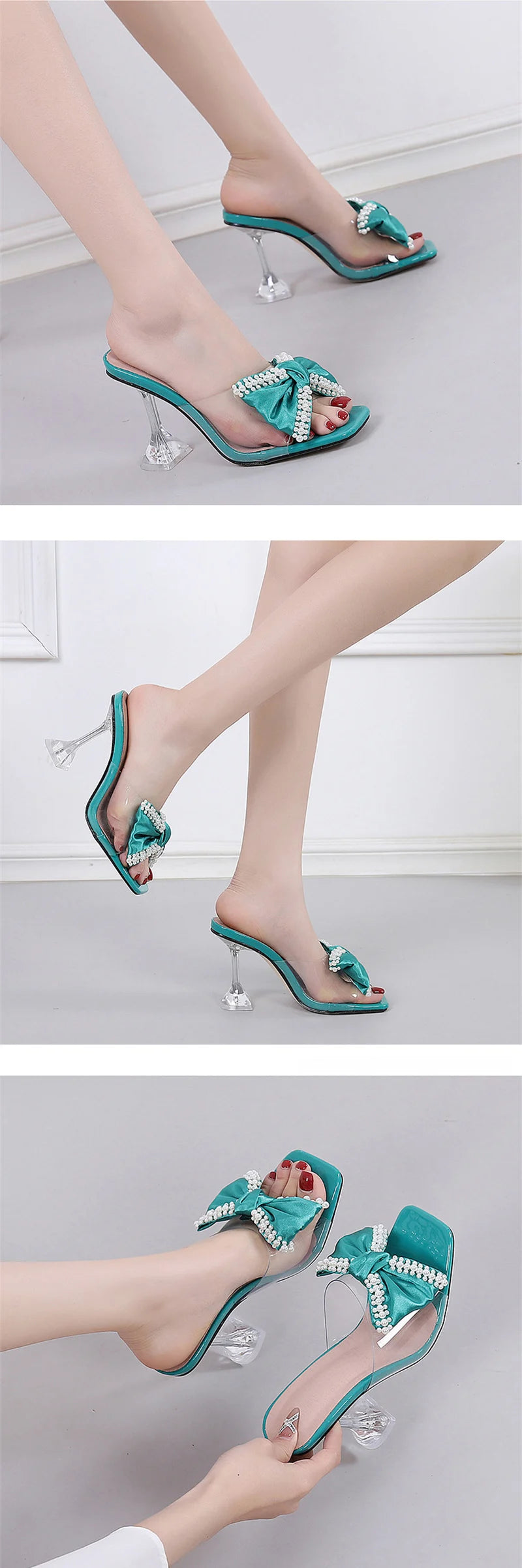 Liyke 2026 New Style Pink Women Slippers Sandals Fashion Pearl Bowknot High Heels PVC Transparent Shoes Summer Mule Slides Pumps