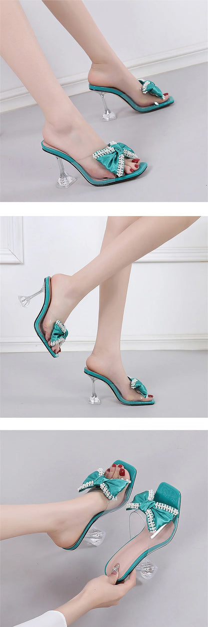 Liyke 2026 New Style Pink Women Slippers Sandals Fashion Pearl Bowknot High Heels PVC Transparent Shoes Summer Mule Slides Pumps