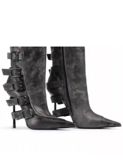 New Belt Buckle Stiletto High Heels Knee Length Boots Autumn/Winter Women's Fashion Pointed Party 34-46 Large Medium Boots