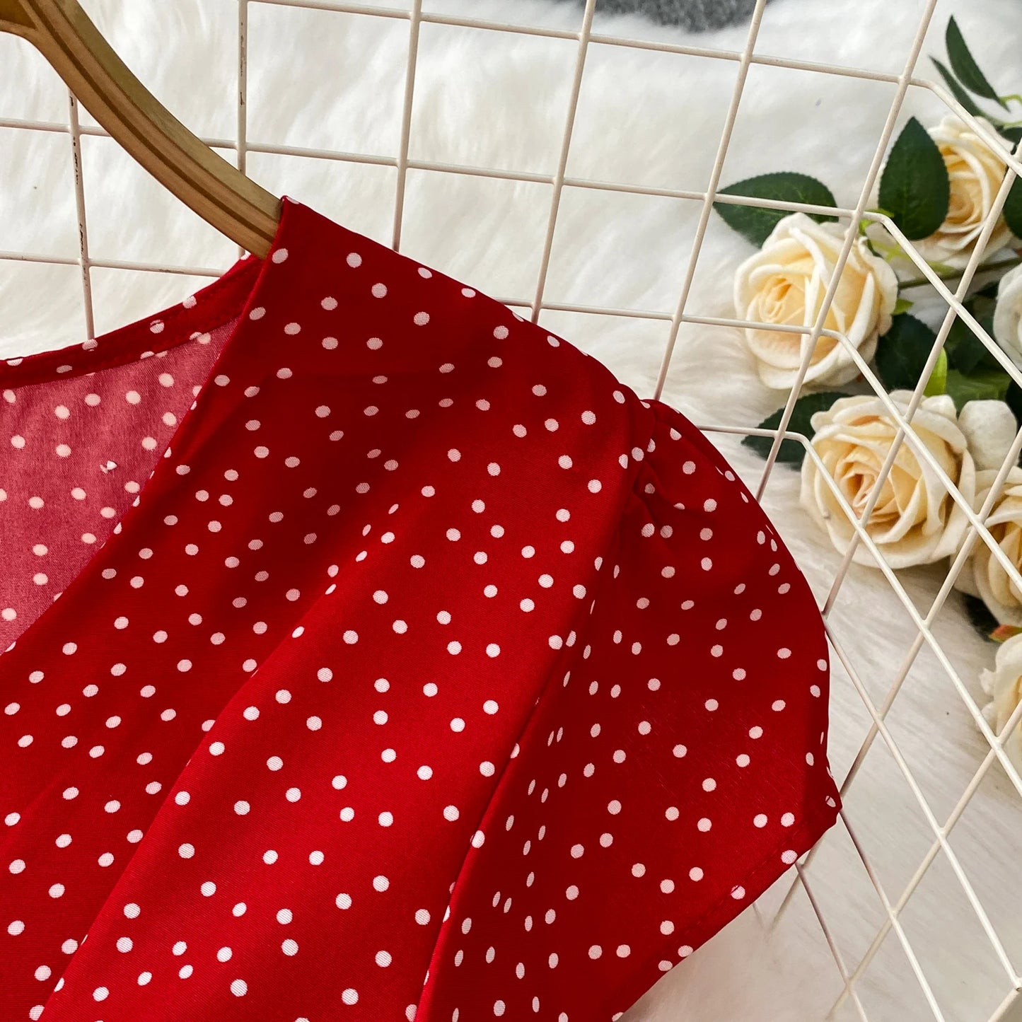 Summer Women Polka Dot Long Dress Vintage V-Neck Flying Sleeve High Waist Single Breasted A-Line Casual Vestidos Female Robe New