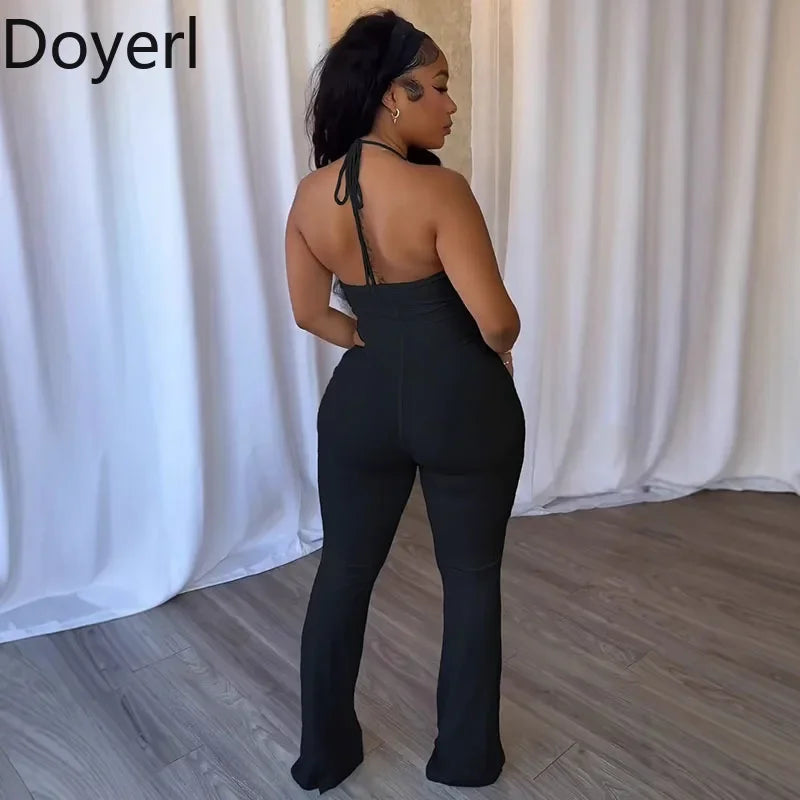Doyerl Halter V-neck Backless One Piece Jumpsuit Women Sexy Hollow Out Sleeveless Night Club Outfits Birthday Rompers Overalls