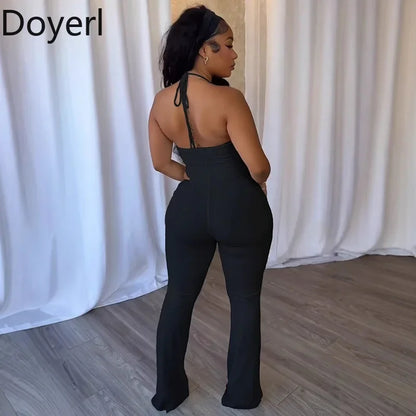 Doyerl Halter V-neck Backless One Piece Jumpsuit Women Sexy Hollow Out Sleeveless Night Club Outfits Birthday Rompers Overalls