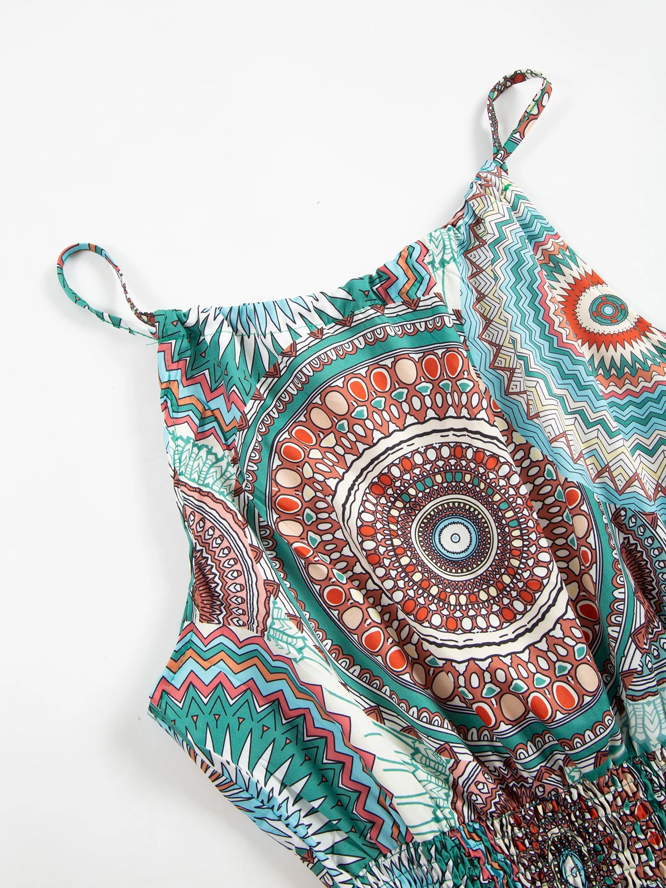 Women Boho Mandala Print Spaghetti Strap Romper Elastic Smocked Waist Sleeveless Short Jumpsuit Summer Beach Casual Playsuit