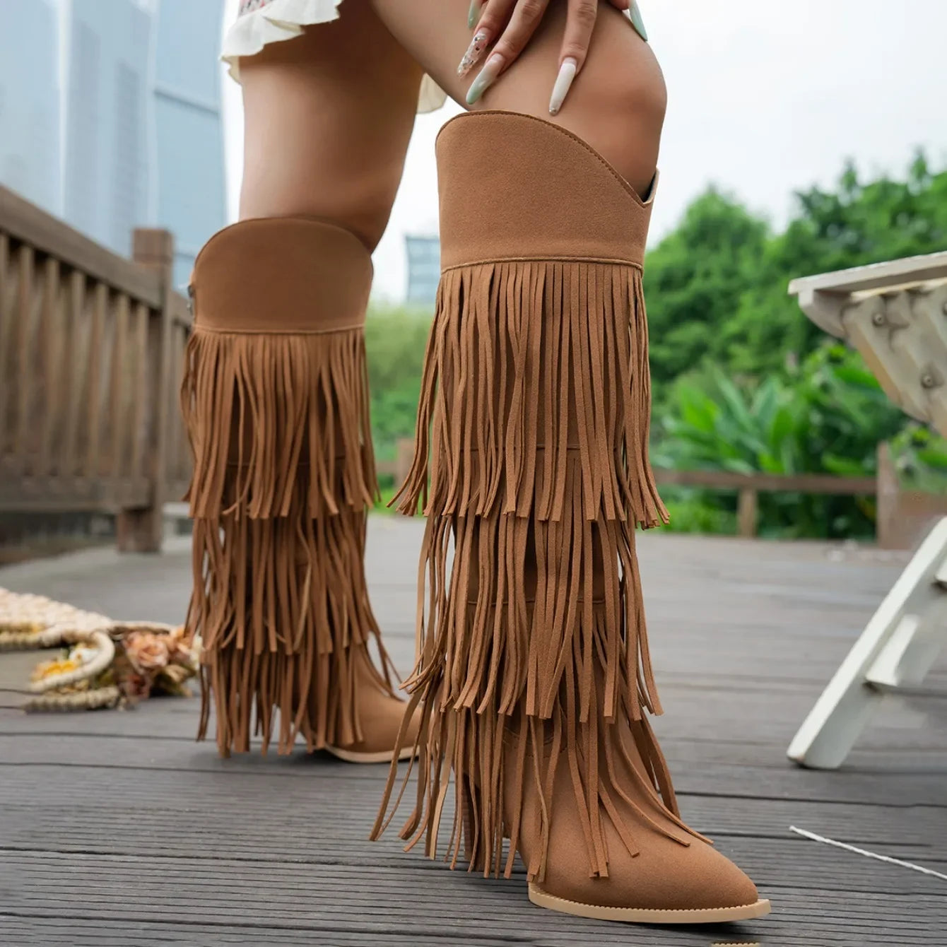 Women Boots Tassel Pointed Toe Thin Heels Women's Boots Suede Multi Fringe Knee High Boots Street-Style Party Fashion Shoes
