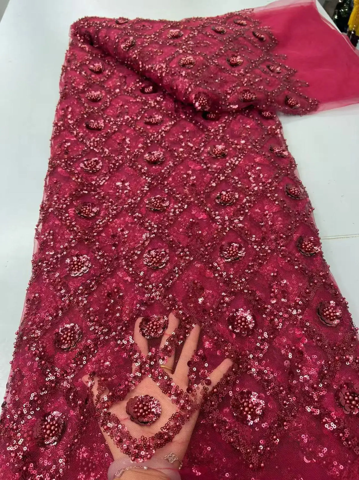 Luxury African Beaded Sequins Pearl Lace French Tulle Fabric 2026 High Quality Nigerian Design for Party Dress Sewing 2026