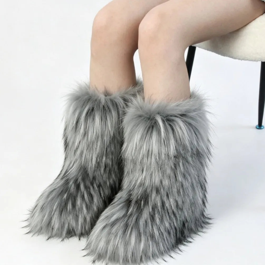 Winter Fluffy Women's Faux Fur Boots Plush Warm Woman Snow Boots 2026 Luxury Girls Furry Platform Boots Women's Ankle Boots