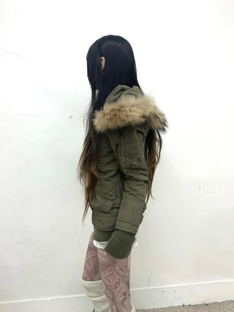 Women's Daily Commute Army Green Thicken with Fur Collar Warm Design Cardigan for Winter Harajuku Japanese Style Simple Jackets
