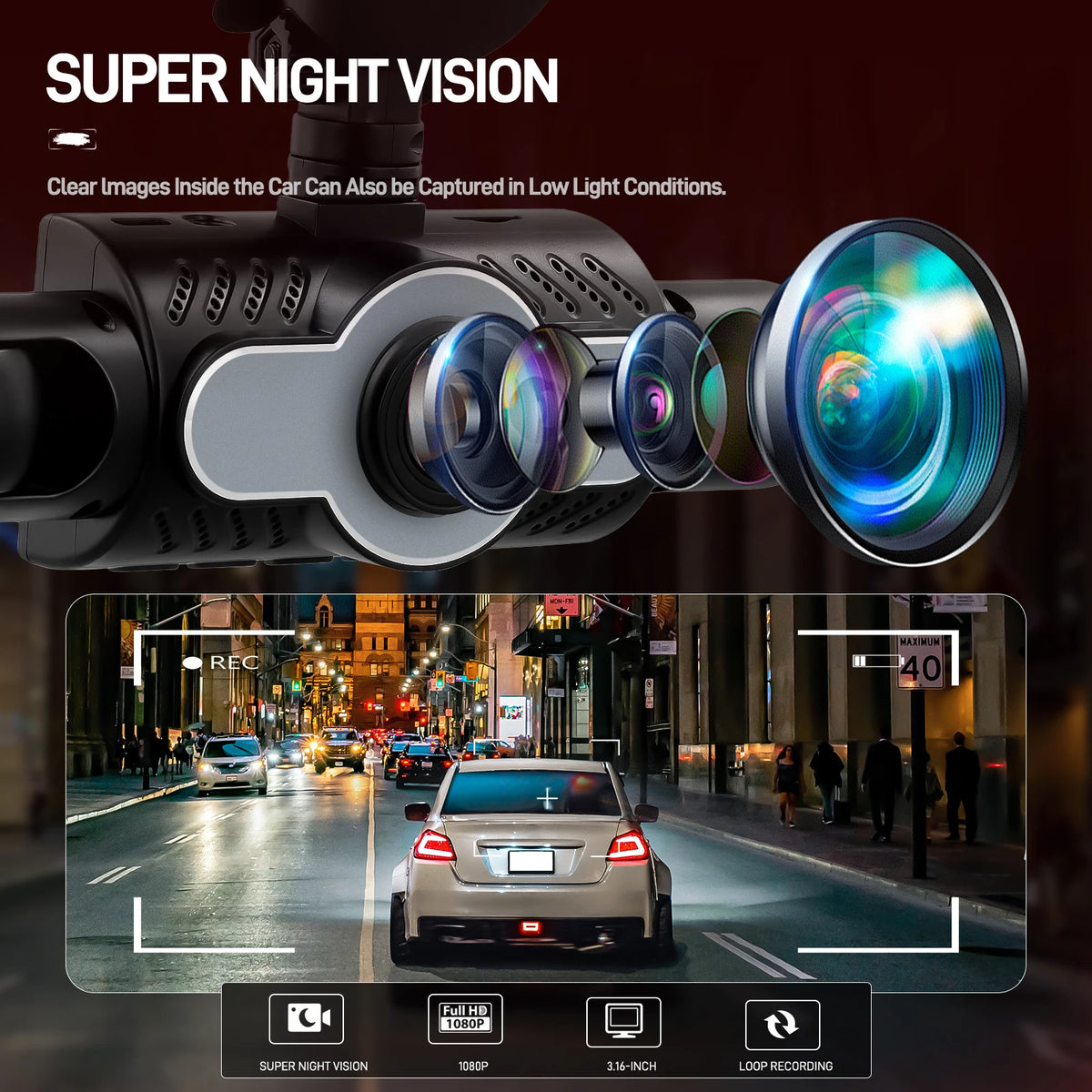 Podofo 1080P Car Dash Cam with Four High-Definition Cameras, Including 480P Left Interior, Right Interior, and Rear Cameras Night Vision Loop Recording Car Driving, Reversing Recorder