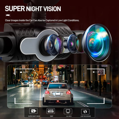 Podofo 1080P Car Dash Cam with Four High-Definition Cameras, Including 480P Left Interior, Right Interior, and Rear Cameras Night Vision Loop Recording Car Driving, Reversing Recorder