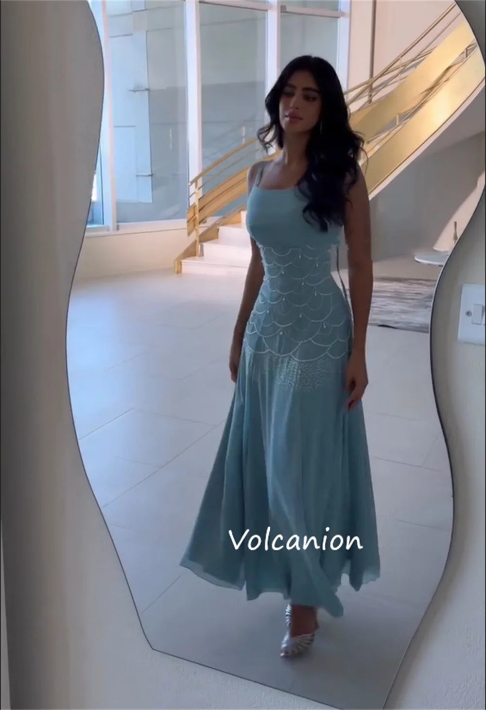 Customized Exquisite Chiffon Pleat Sequined Pattern A-line Square Neck Midi Dresses Bespoke Occasion High Quality