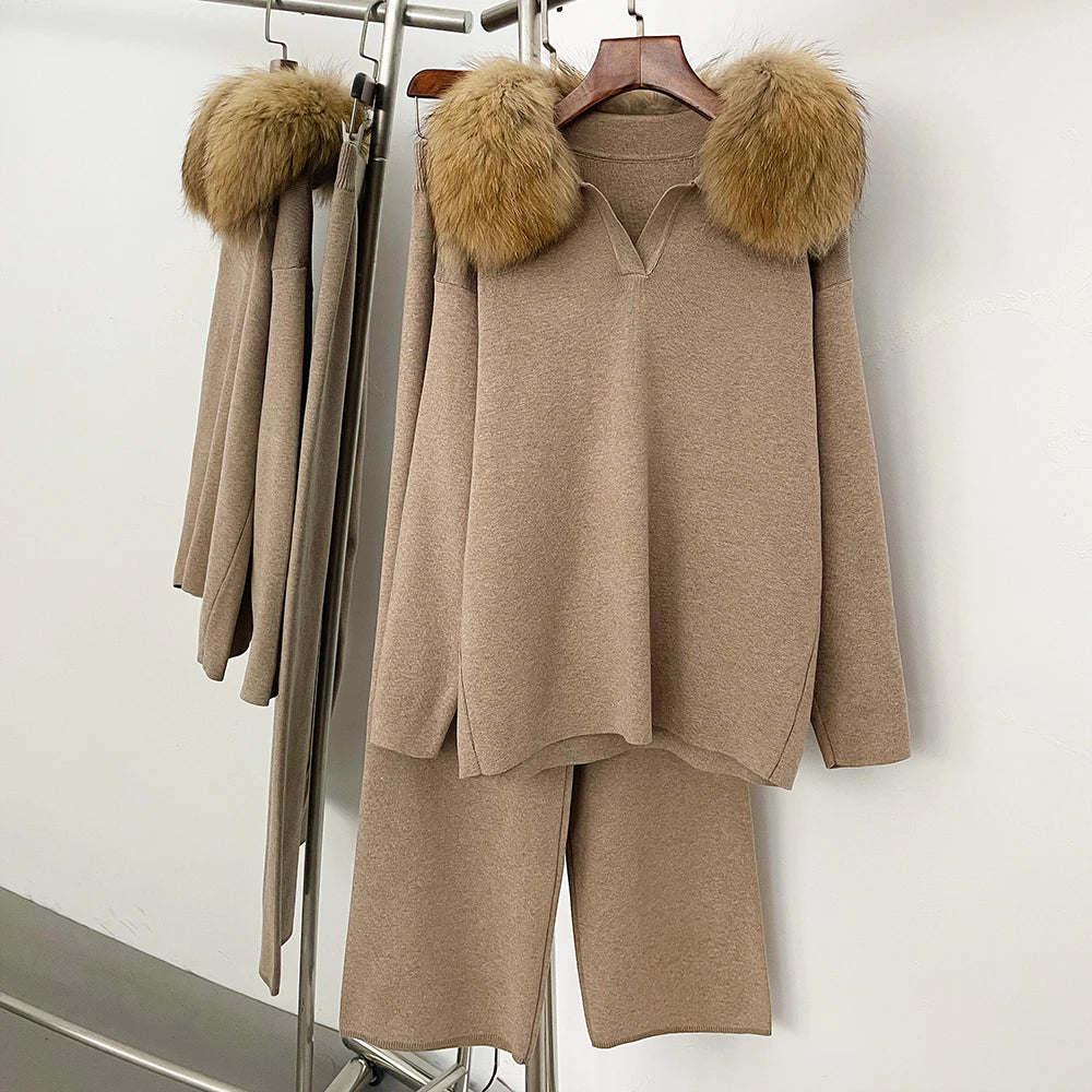 Reality Fur Jacket Pullover Set Woman Spring Knitted Suit Knitwear Female Real Fox Fur Collar Sweater Lady Autumn Knitted New