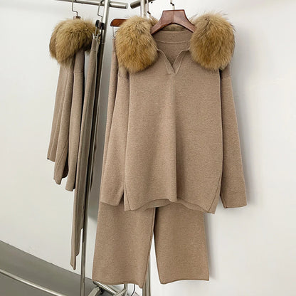 Reality Fur Jacket Pullover Set Woman Spring Knitted Suit Knitwear Female Real Fox Fur Collar Sweater Lady Autumn Knitted New