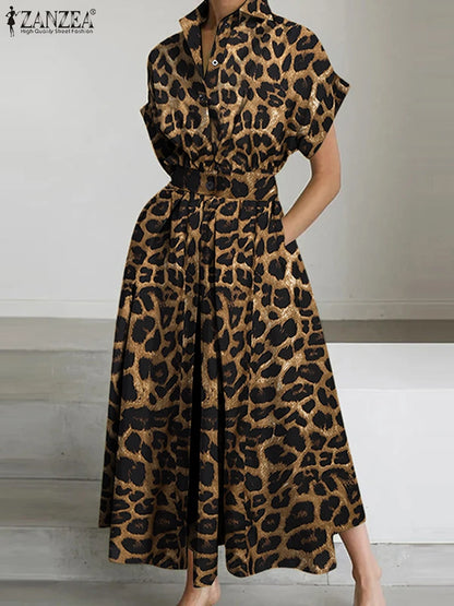 2025 Summer Leopard Print Dresses ZANZEA Women Maxi Long Dress Lapel Neck Short Sleeve Work Vestidos Robe Officewear Sundress