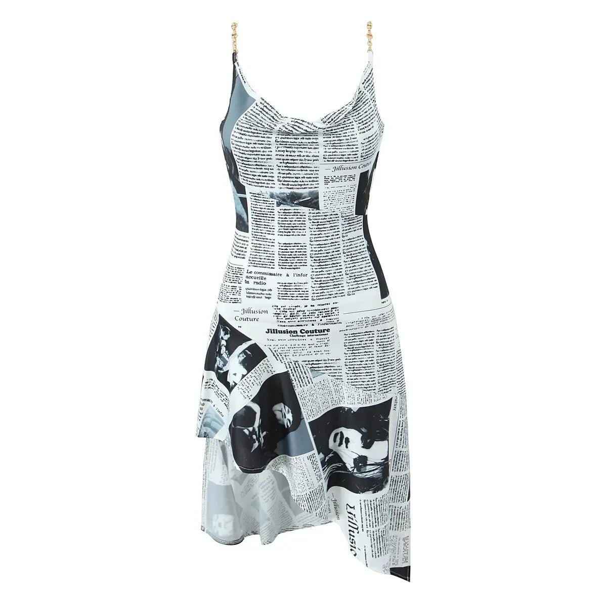 2025 Women Newspaper Letter Print Irregular Hem Sexy Dresses Thin Straps With Chain Backless  Summer Short Dress