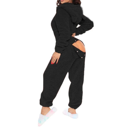 2025 Women's Winter Warm Onesies Fleece Romper Pajamas Solid Open Gear Long-Sleeve Zipper V Neck Hooded Sleepwear Sexy Homewear