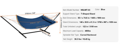 SucceBuy Two Person Hammock with Stand Included Double Hammock with Curved Spreader Bar and Detachable Pillow and Portable Bag