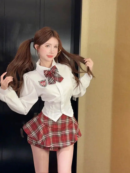 2025 improved cute sexy korea jk suit women autumn jk school uniform women shirt plaid pleated half skirt fashion two-piece set