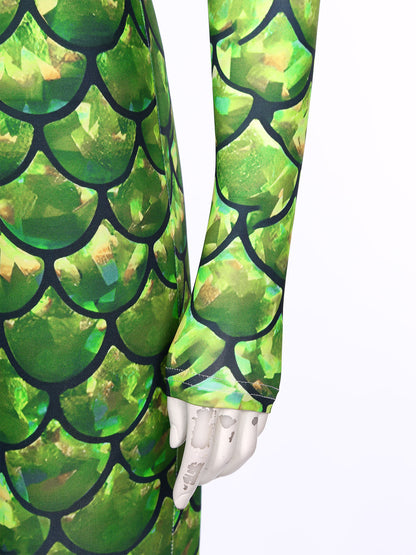 Womens Rash Guard One Piece Swimsuit Mermaid Fish Scale Print Long Sleeve Back Zipper Full Body Tops Sexy Swimwear Jumpsuit
