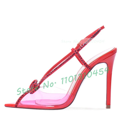 Crystal Bow Slingback Sandals Women Sweet Luxury See-through Pvc High Heels Shoes Summer Peep Toe Elegant Party Clear Pumps