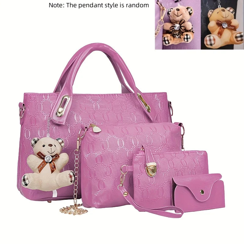 4 Pcs Women Handbag Set Embossed Pattern PU Leather Tote Bags Fashion Chain Shoulder Crossbody Bag Ladies Wallet Card Holder Purse With Bear Pendant Daily Shopping Handbags