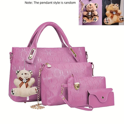 4 Pcs Women Handbag Set Embossed Pattern PU Leather Tote Bags Fashion Chain Shoulder Crossbody Bag Ladies Wallet Card Holder Purse With Bear Pendant Daily Shopping Handbags
